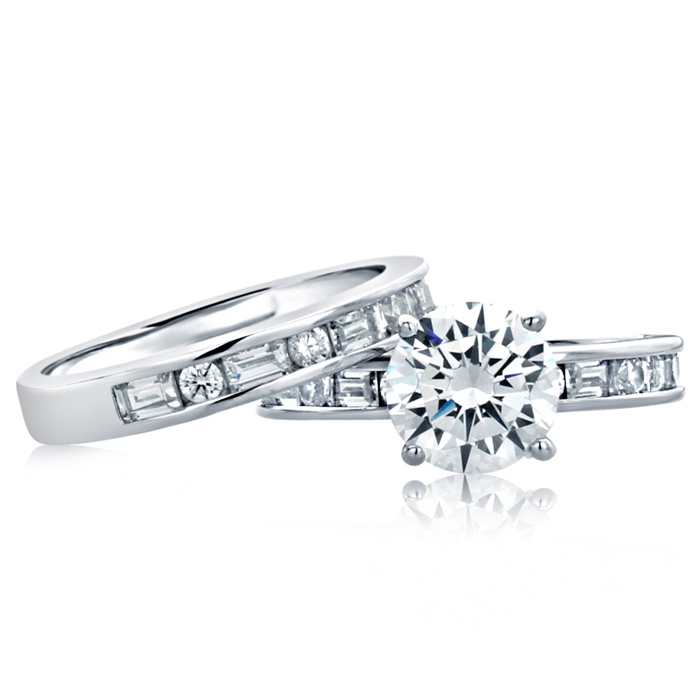 8MM Sterling Silver 2ct CZ Channel Set Wedding Band Engagement Ring Bridal Set