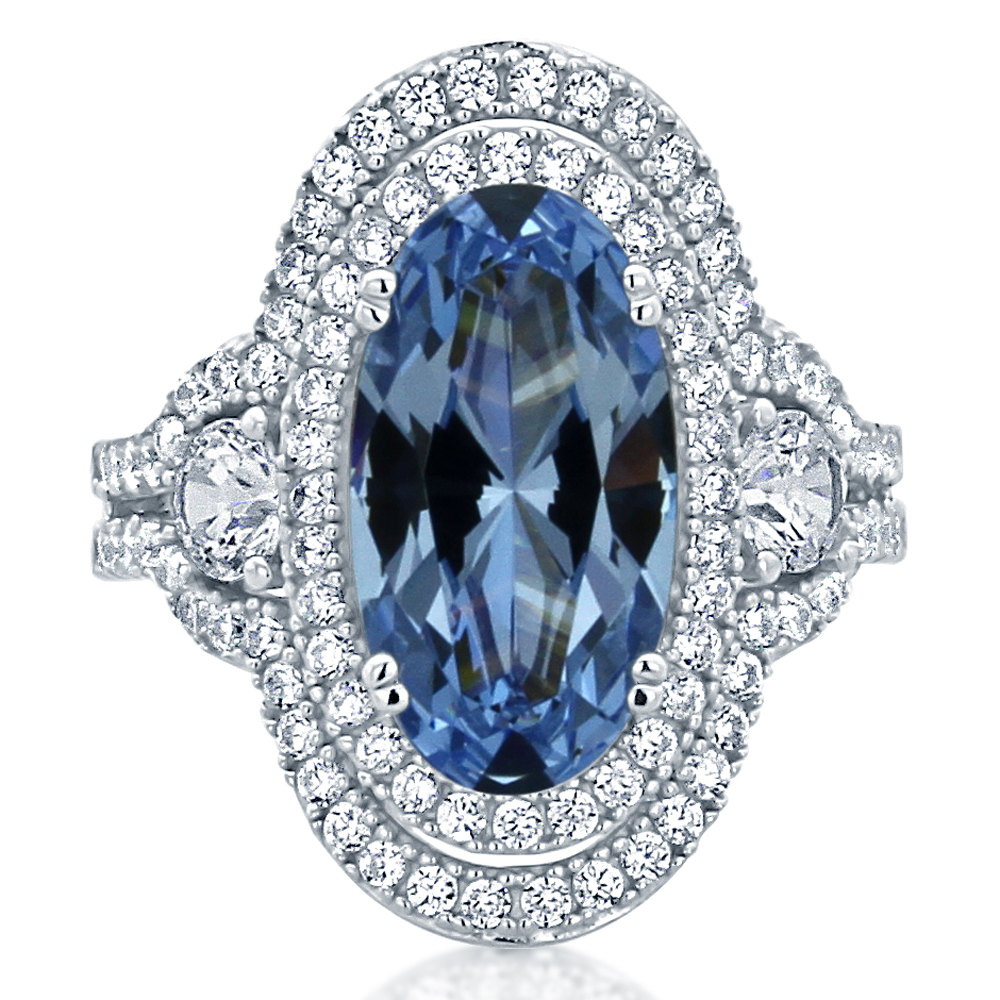 Women 32MM Sterling Silver Oval 5.75ct Simulated Blue Topaz Cocktail Ring Band