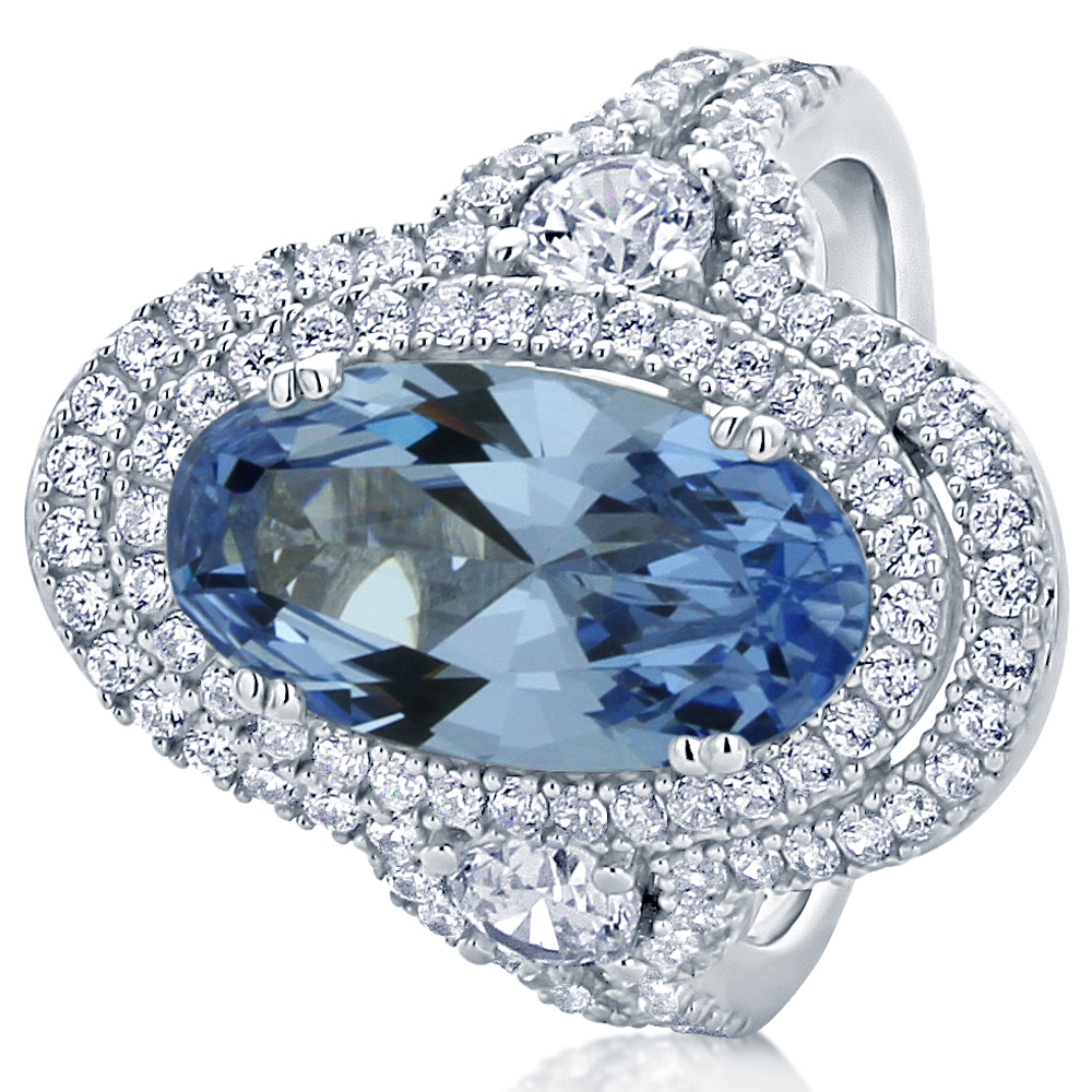 Women 32MM Sterling Silver Oval 5.75ct Simulated Blue Topaz Cocktail Ring Band