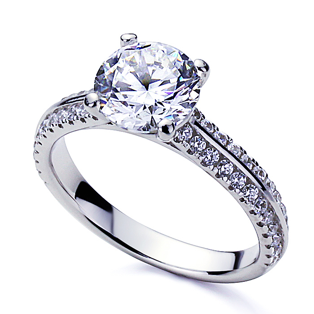Women 3.5mm Platinum Plated Silver 2ct Round CZ Solitaire Engagement Ring