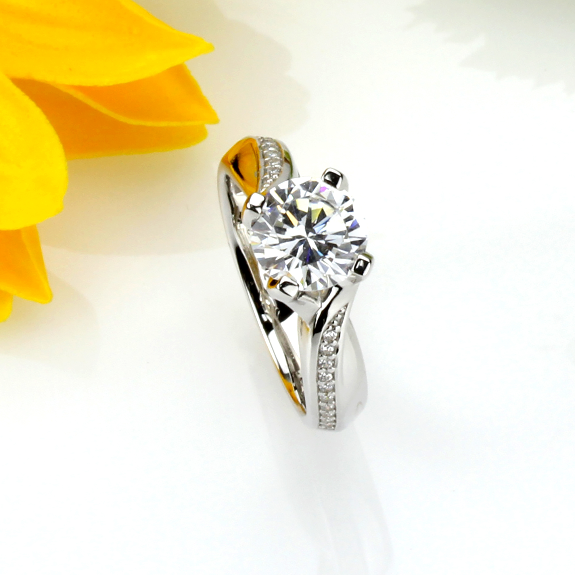 4mm Platinum Plated Silver 2ct CZ Solitaire Bypass Wedding Engagement Ring