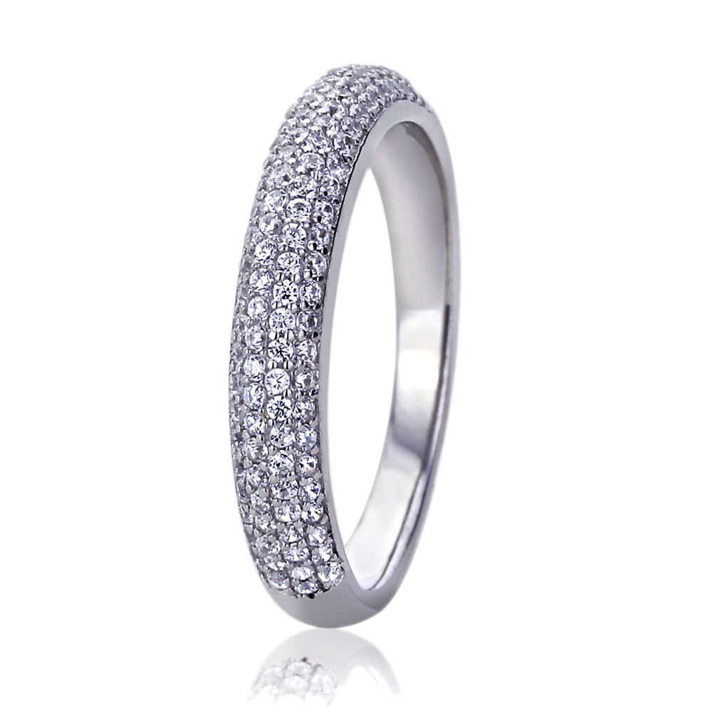 Women Silver Rhodium Plated CZ Exquisite Pave Domed Wedding Anniversary Ring