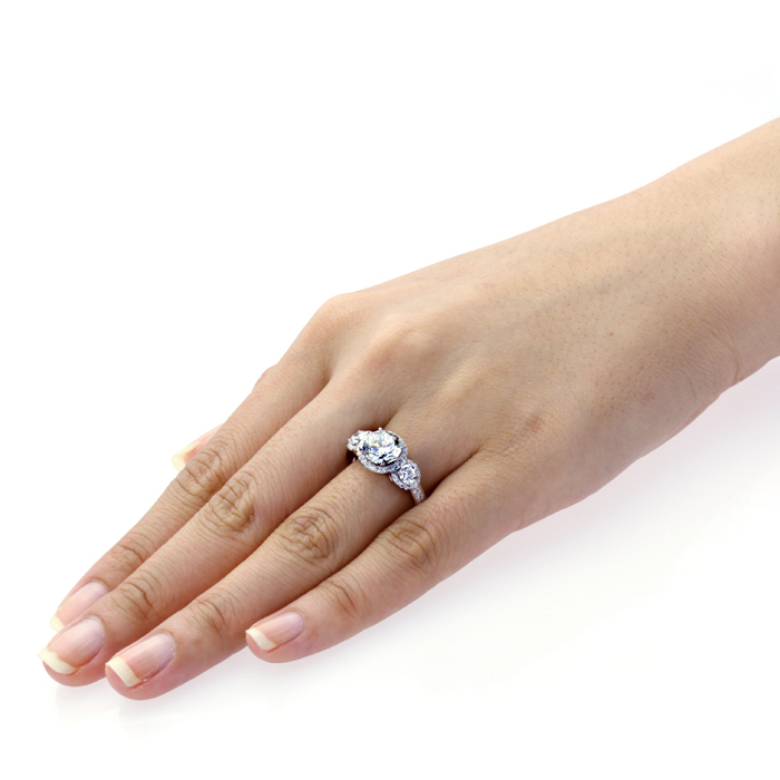 3mm Platinum Plated Sterling Silver 2ct CZ Three Stone Halo Engagement Ring