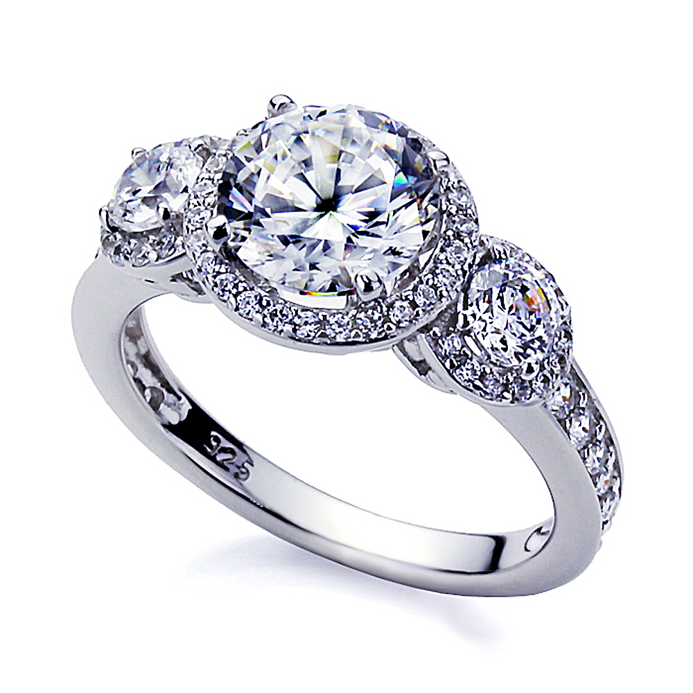 3mm Platinum Plated Sterling Silver 2ct CZ Three Stone Halo Engagement Ring