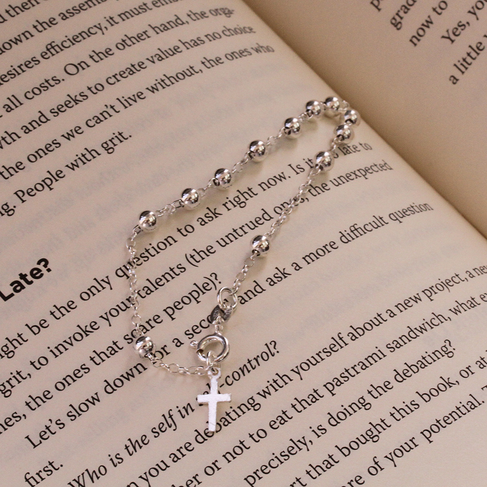 Women Sterling Silver 3mm Bead Plain Cross Charm Rosary Bracelet