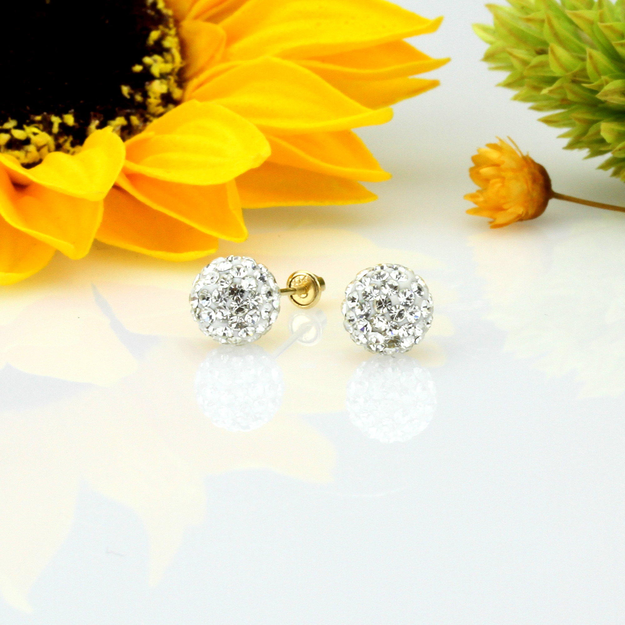 Women Girl 14K Yellow Gold Crystal Ball Stud Earrings Screwback
