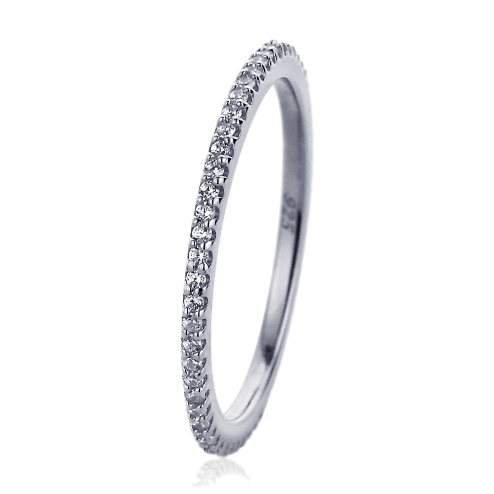 1.5mm Rhodium Plated Sterling Silver CZ Pave Setting Eternity Band Ring