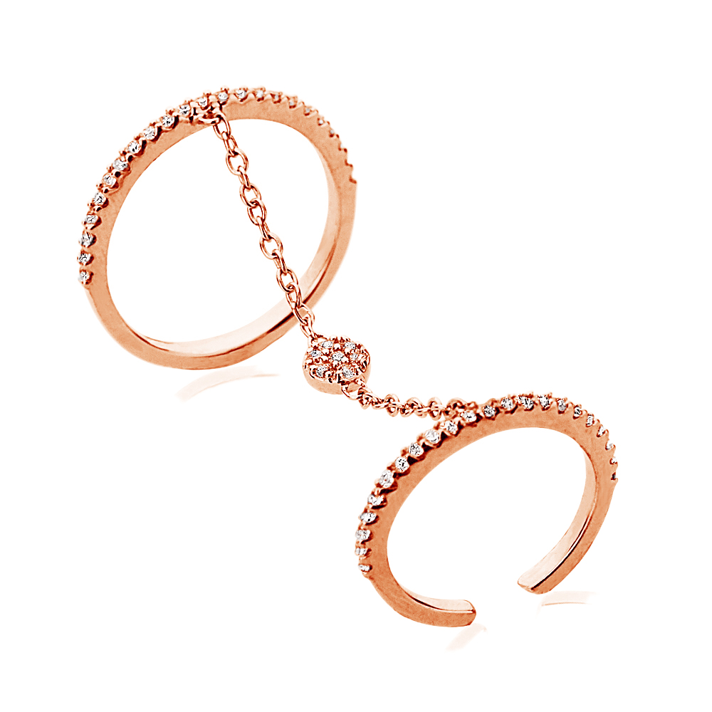 2mm 14K Rose Gold Plated Silver CZ Pave Set Band Chain Connected Knuckle Ring