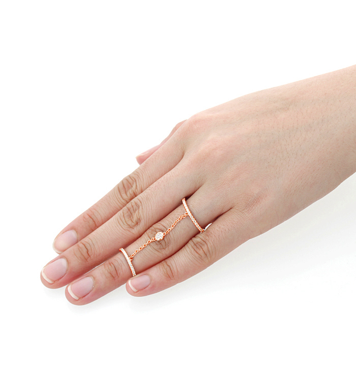 2mm 14K Rose Gold Plated Silver CZ Pave Set Band Chain Connected Knuckle Ring