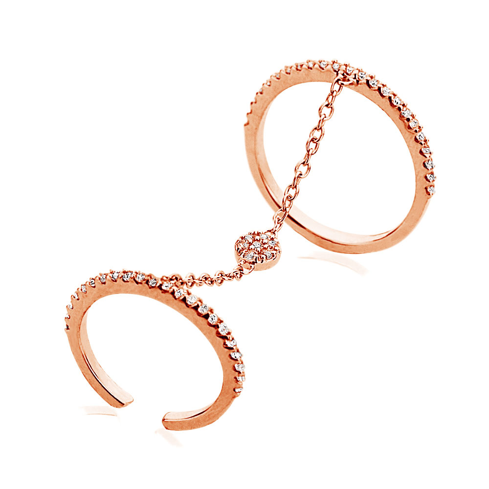 2mm 14K Rose Gold Plated Silver CZ Pave Set Band Chain Connected Knuckle Ring