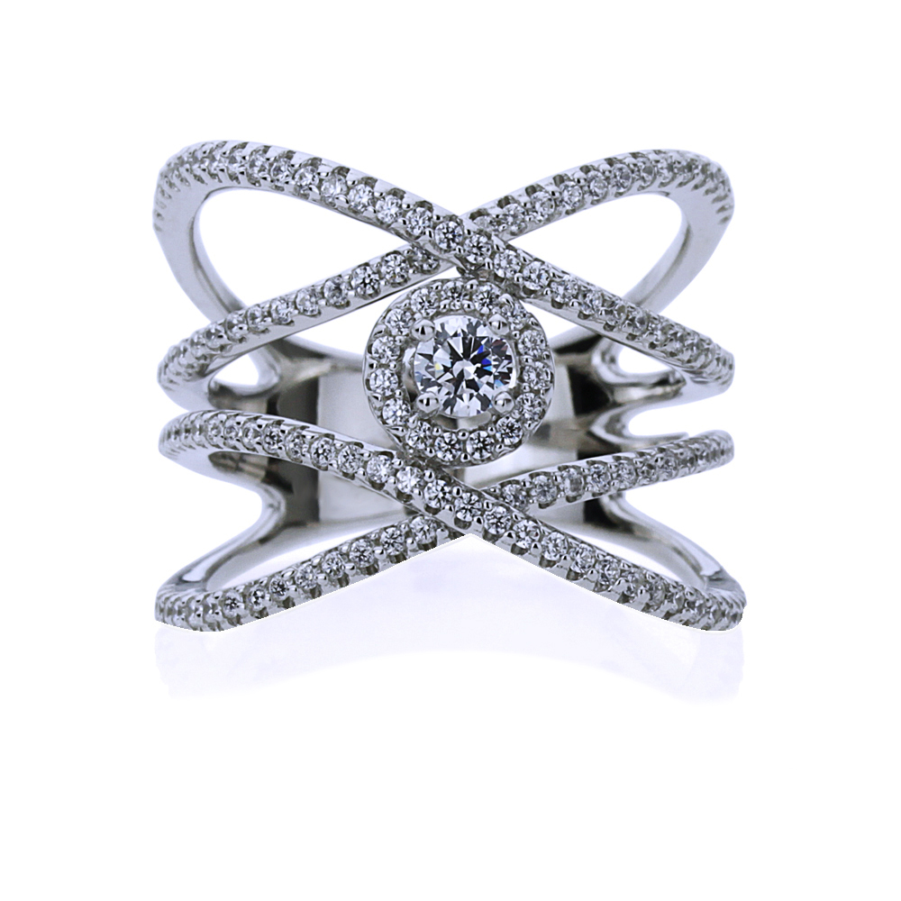 18mm Rhodium Plated Silver CZ Halo Center Intertwined Design Right Hand Ring