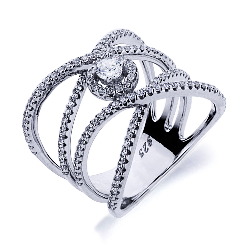 18mm Rhodium Plated Silver CZ Halo Center Intertwined Design Right Hand Ring