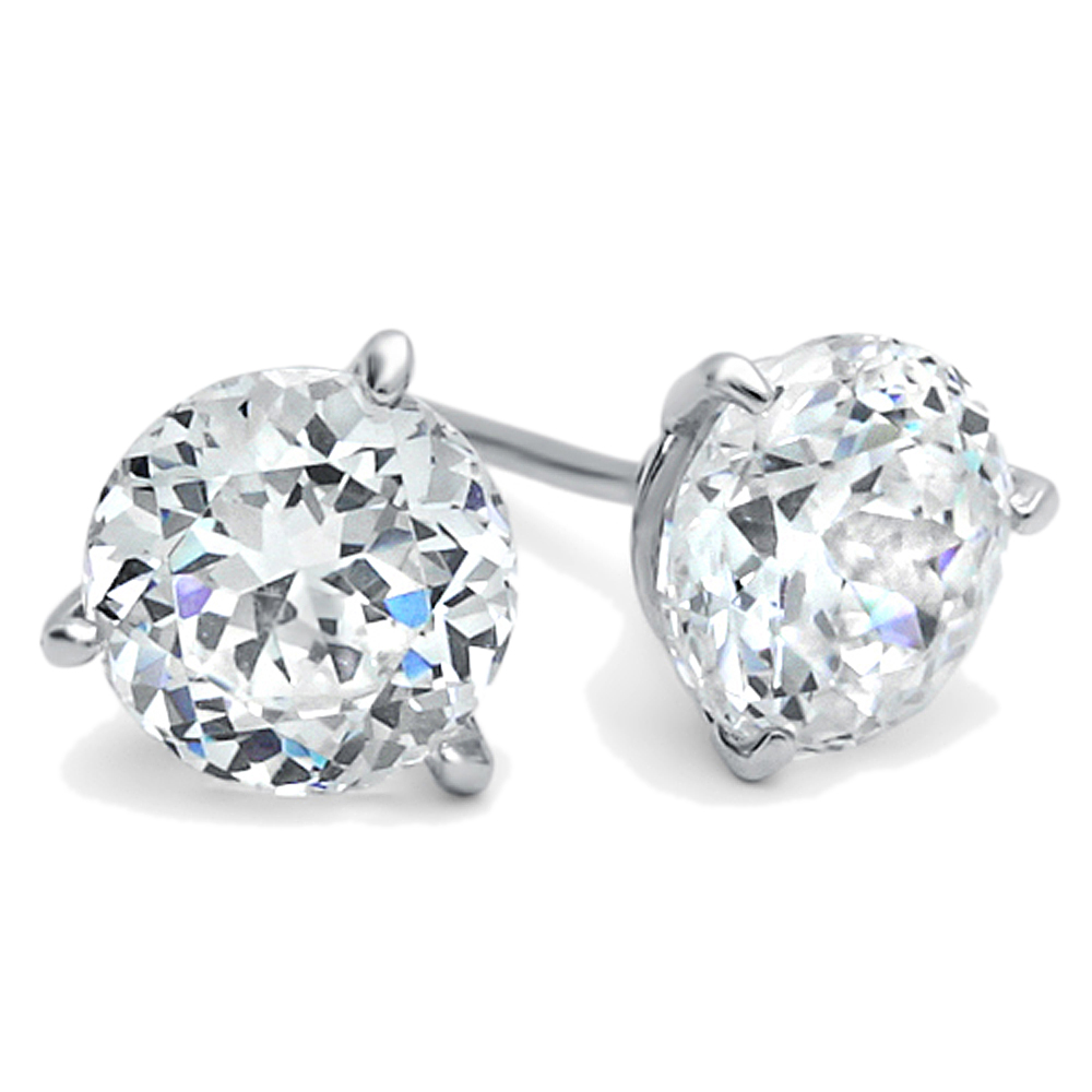 Rhodium Plated Silver Round Cubic Zirconia Three Prong Basket Stud Earrings