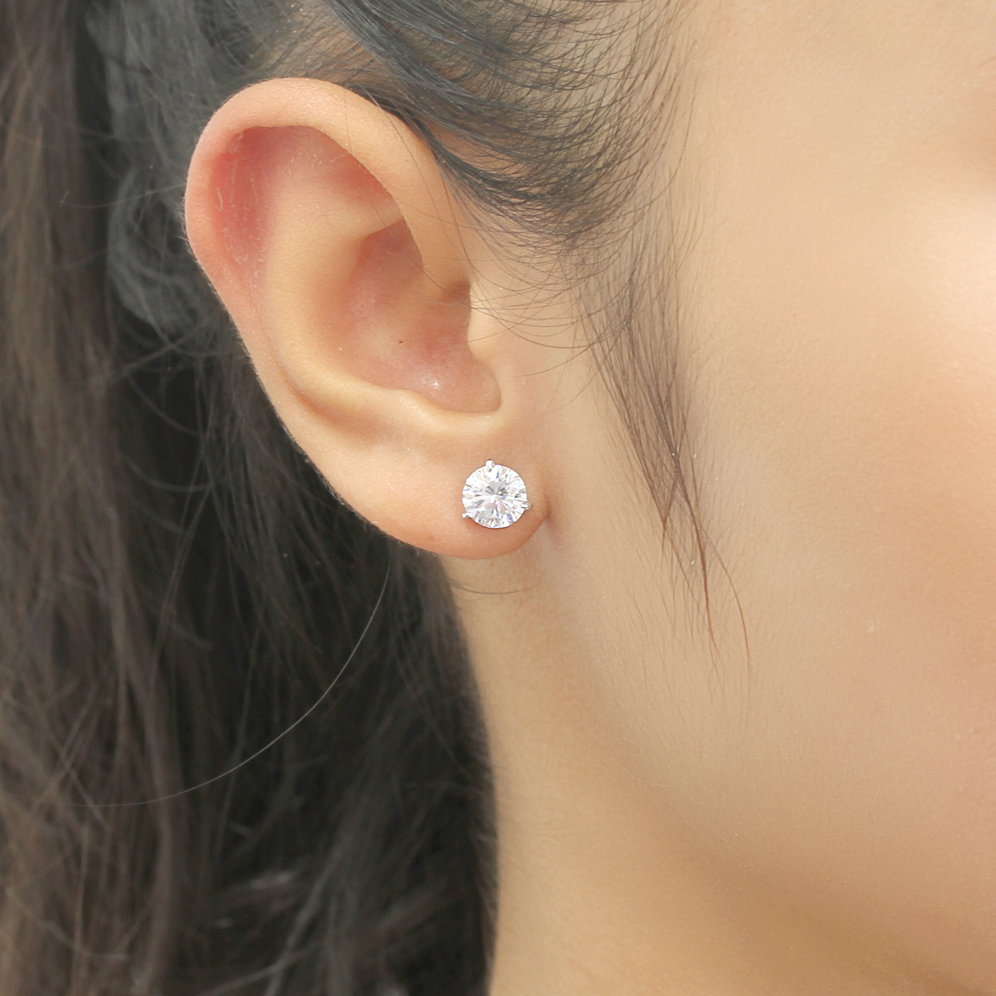 Rhodium Plated Silver Round Cubic Zirconia Three Prong Basket Stud Earrings