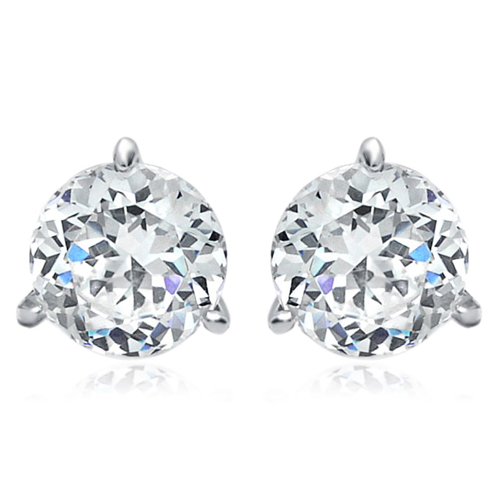 Rhodium Plated Silver Round Cubic Zirconia Three Prong Basket Stud Earrings