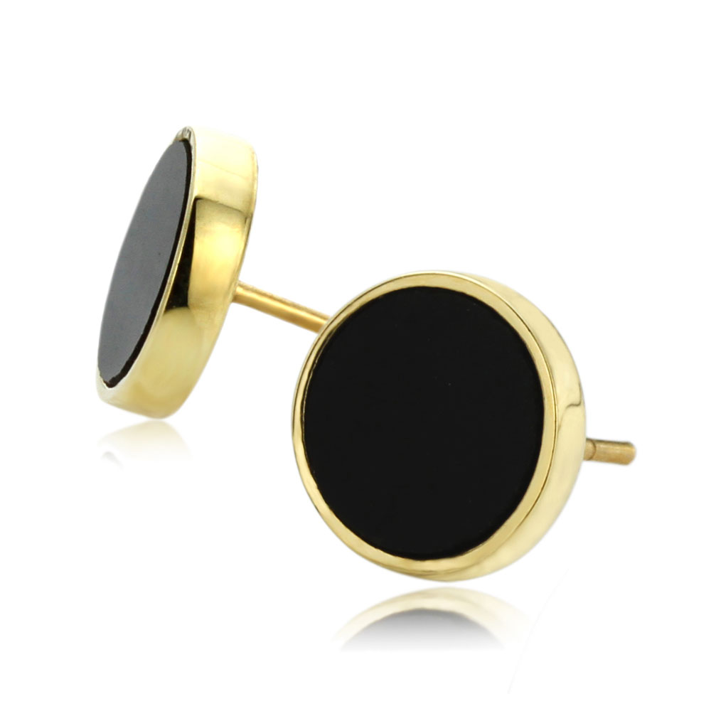 Women 14K Yellow Gold 8mm Round Simulated Onyx Bezel Stud Earrings