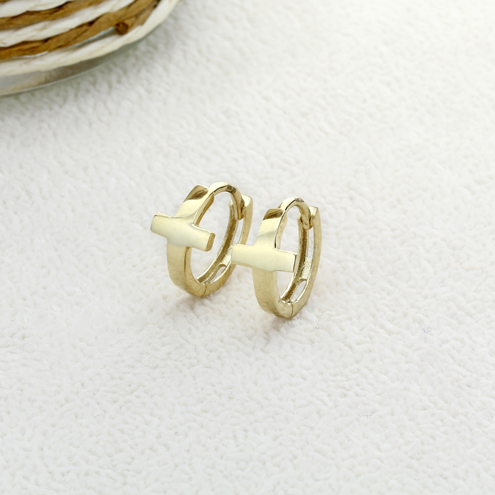 Women 14K Yellow Gold Plain Sideway Cross Huggie Hoop Earrings