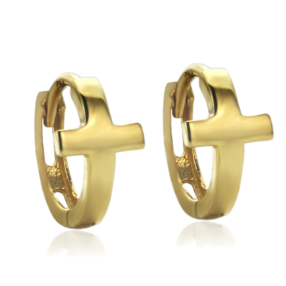 Women 14K Yellow Gold Plain Sideway Cross Huggie Hoop Earrings