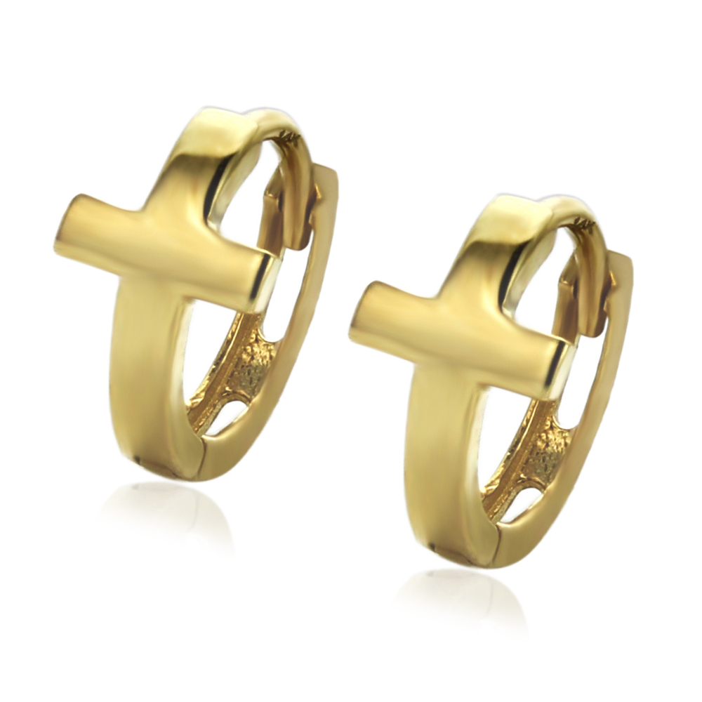 Women 14K Yellow Gold Plain Sideway Cross Huggie Hoop Earrings
