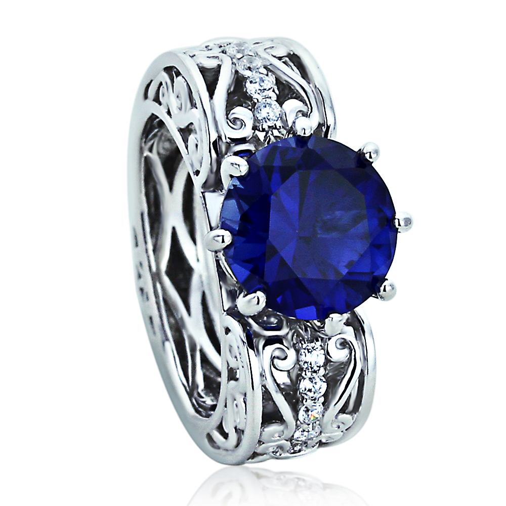 Women Silver Queens Heart 3.5ct Simulated Blue Sapphire CZ Cocktail Ring