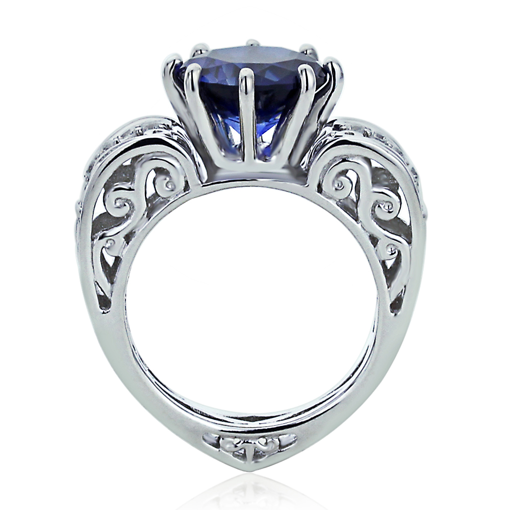 Women Silver Queens Heart 3.5ct Simulated Blue Sapphire CZ Cocktail Ring