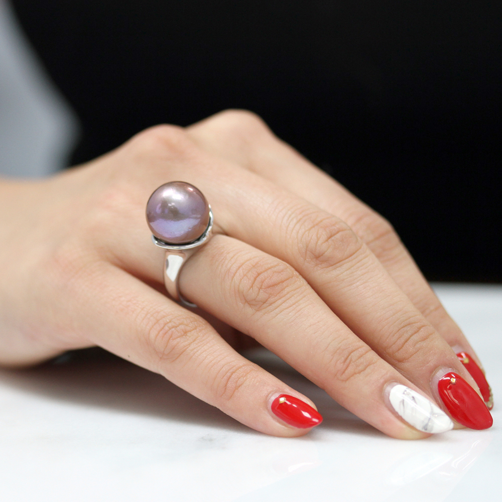 14K White Gold Freshwater Cultured 14mm Pearl Kasumiga Purple Semi Round Ring