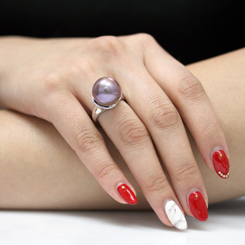 14K White Gold Freshwater Cultured 14mm Pearl Kasumiga Purple Semi Round Ring