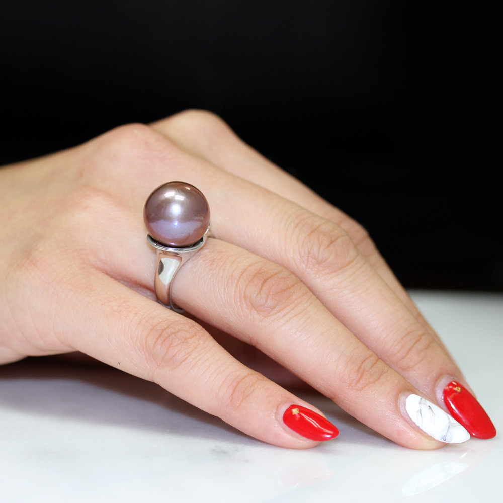 14K White Gold Freshwater Cultured 14mm Pearl Kasumiga Purple Semi Round Ring