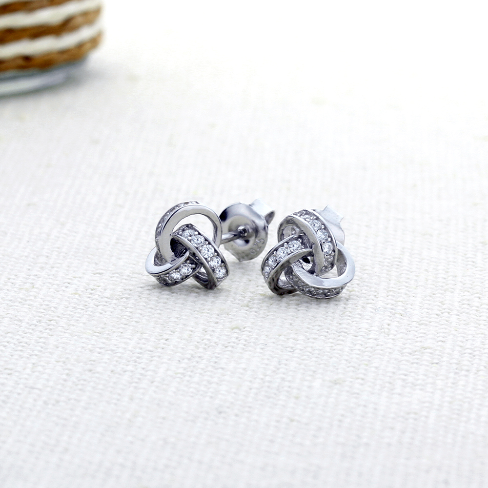 Women Rhodium Plated Sterling Silver CZ Celtic Love Knot Stud Earrings ...