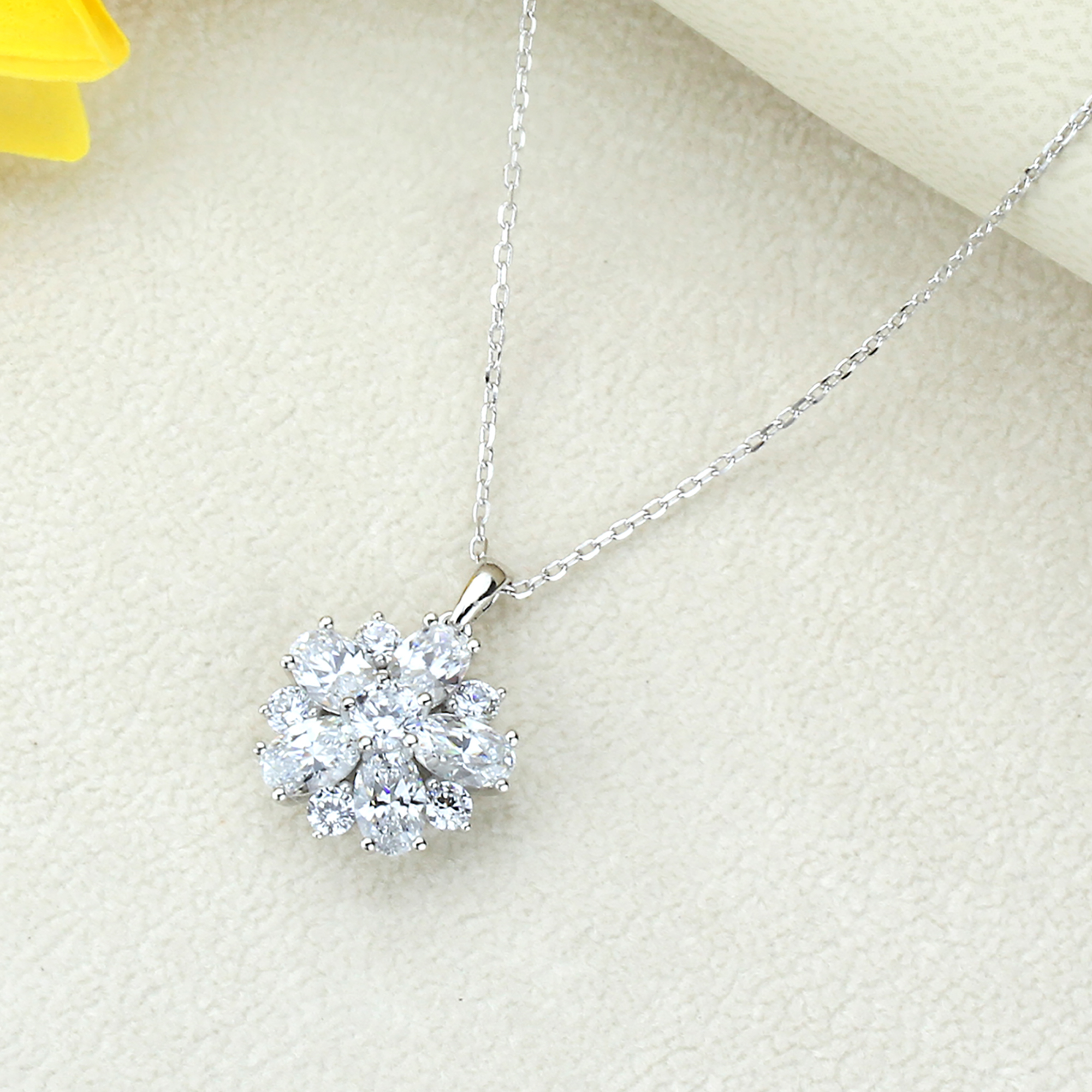 16"+2" Platinum Plated Sterling Silver Oval Cut Cubic CZ Flower Pendant Necklace