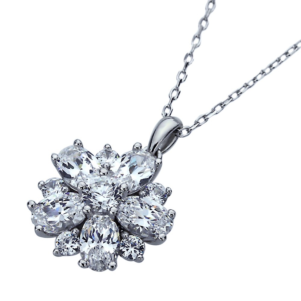 16"+2" Platinum Plated Sterling Silver Oval Cut Cubic CZ Flower Pendant Necklace