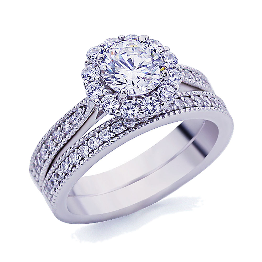Women 5mm Platinum Plated Silver 1ct CZ Vintage Engagement Ring Bridal Set size9
