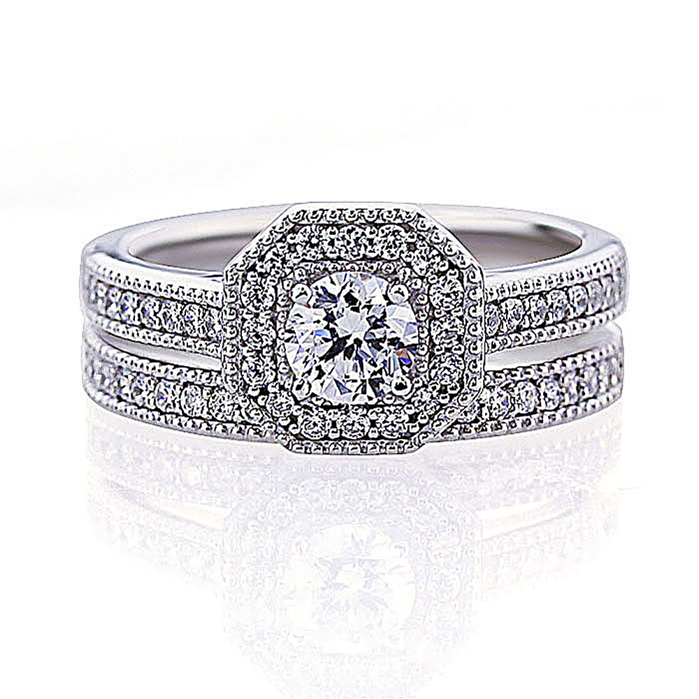5mm Platinum Plated Silver 0.5ct CZ Vintage Wedding Engagement Ring Bridal Set