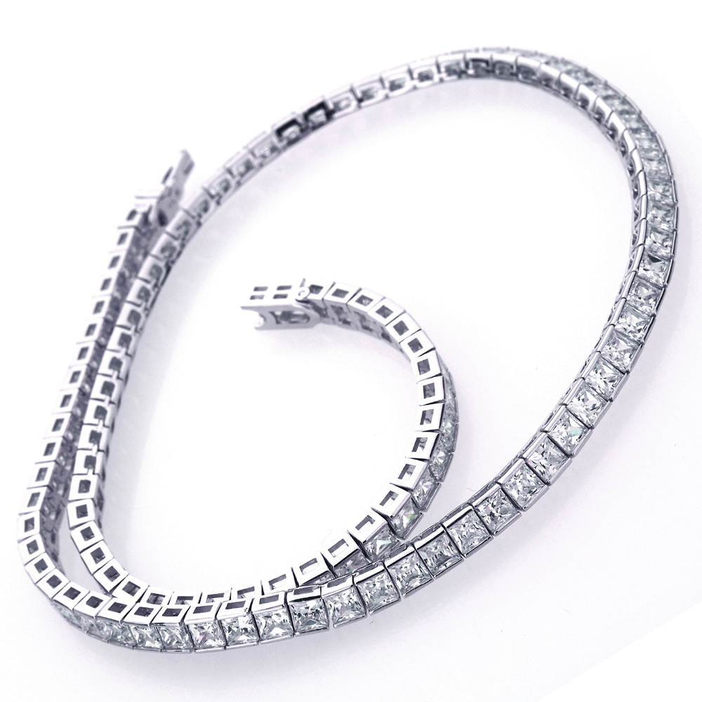 Fine 17" Rhodium Plated Silver 4mm Princess Square Cut CZ Women Tennis Necklace