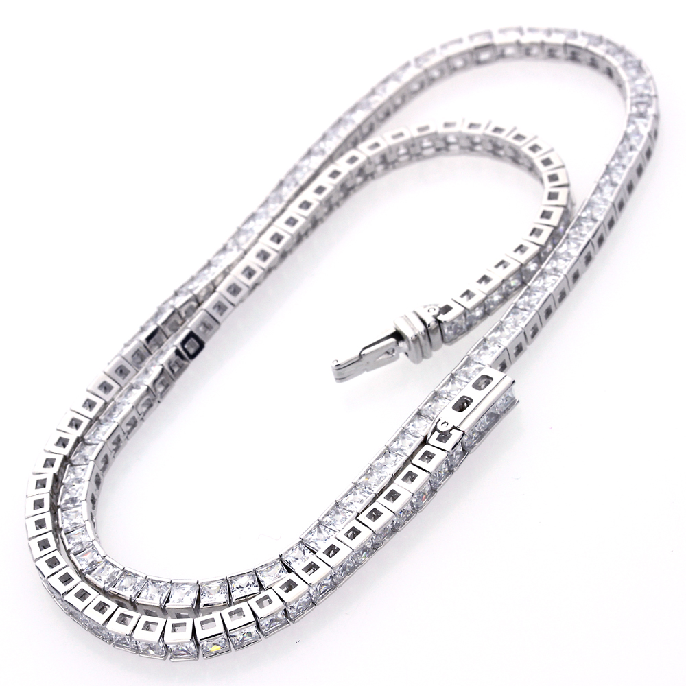 Fine 17" Rhodium Plated Silver 3mm Princess Square Cut CZ Women Tennis Necklace