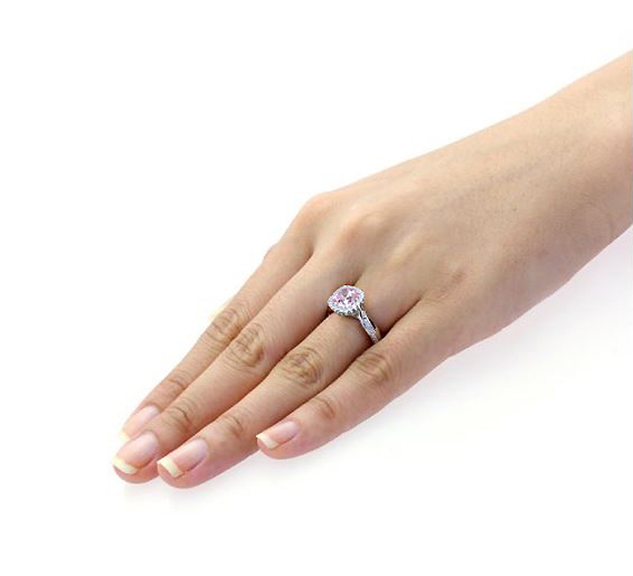 Women 8mm Platinum Plated Silver 2.5ct Cushion Pink CZ Engagement Ring