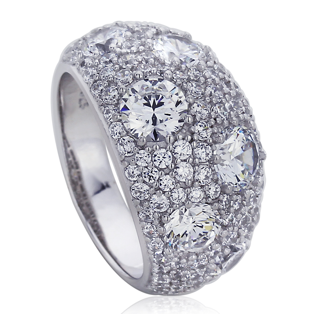 Women 12mm Platinum Plated Silver 2.8ct CZ Pave Domed Engagement Ring