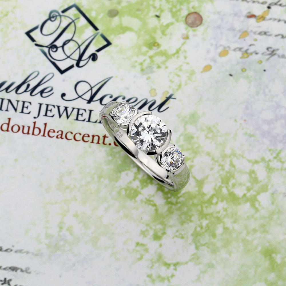 7mm Platinum Plated Silver 1.5ct CZ Half Bezel Wedding Engagement Ring