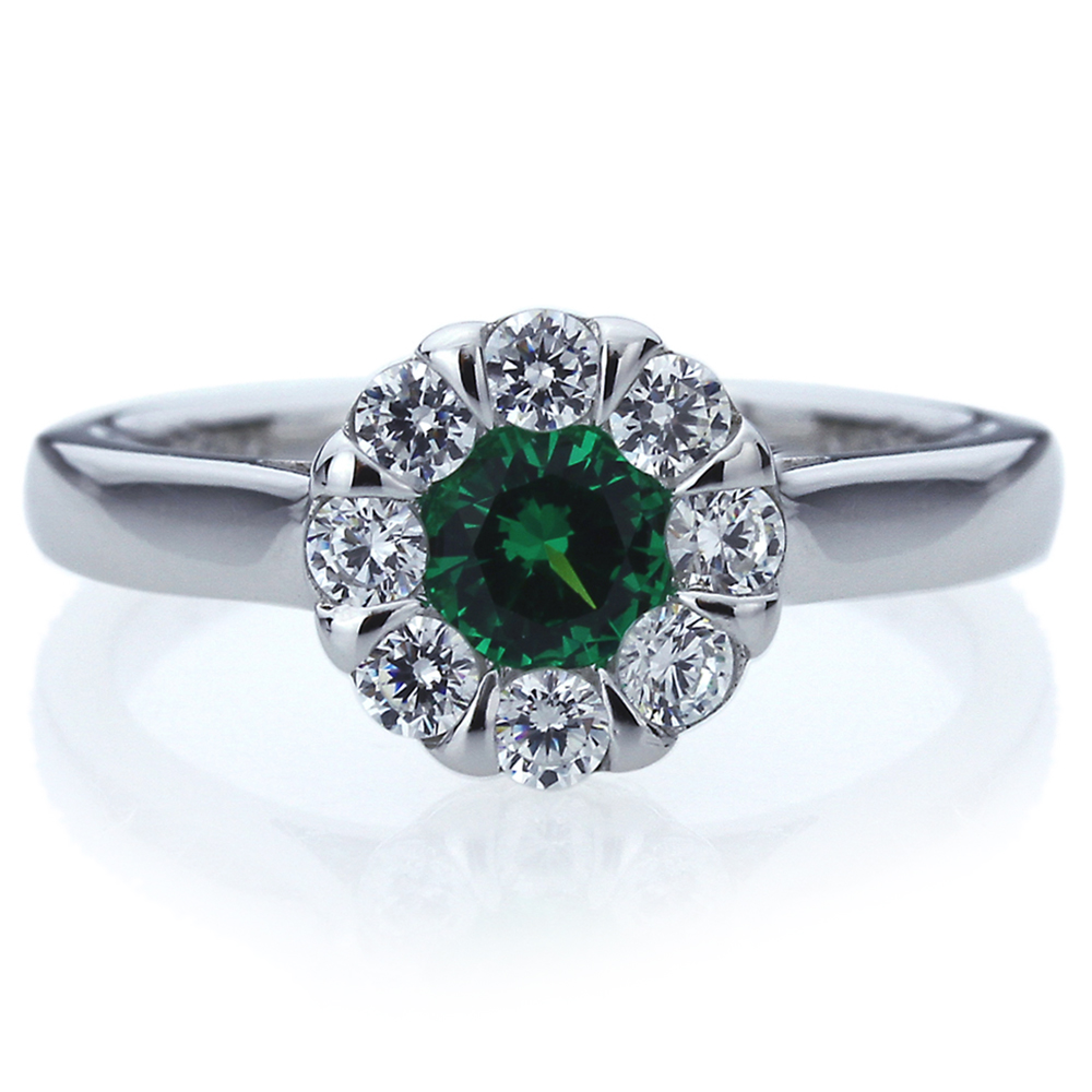 Women 7.5mm Platinum Plated Silver 1ct Emerald CZ Illusion Engagement Ring