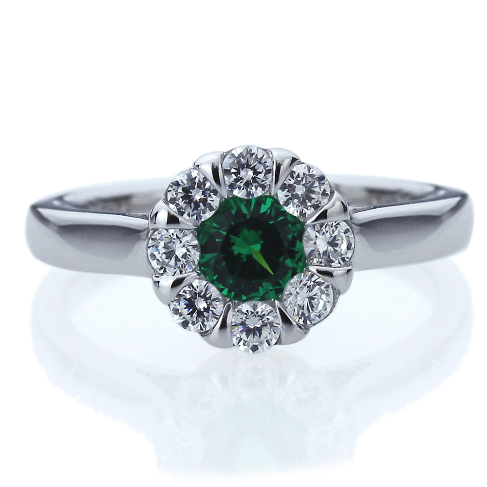 Women 7.5mm Platinum Plated Silver 1ct Emerald CZ Illusion Engagement Ring