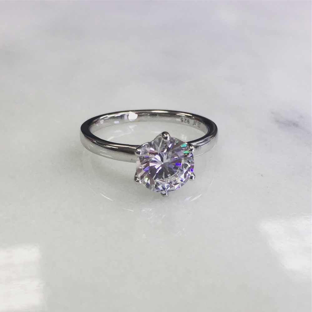 8MM Sterling Silver 2ct CZ 6 prong Classic Solitaire Wedding Engagement Ring