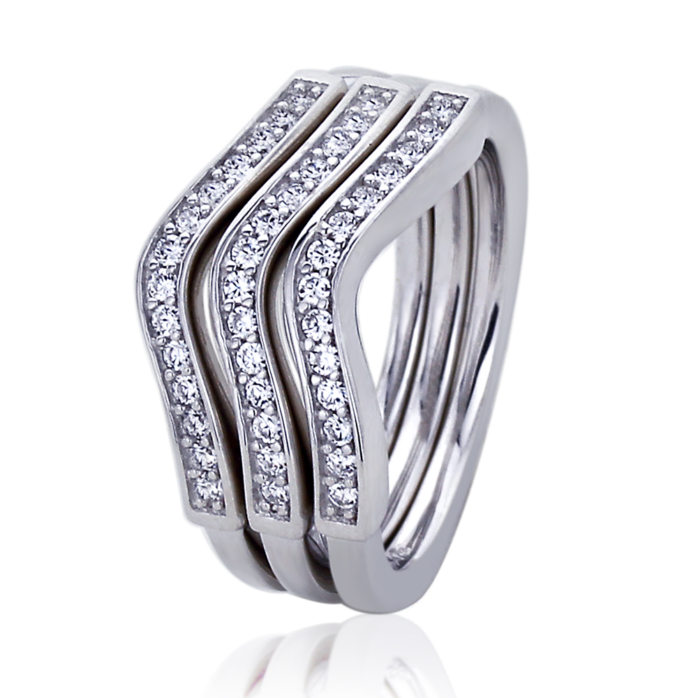 16mm Platinum Plated Silver 0.5ct CZ Wavy Stackable Wedding Engagement Ring set