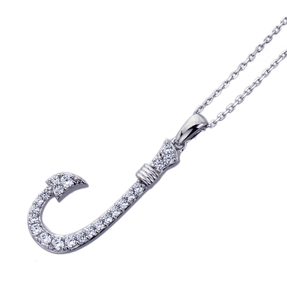 16"+2" Platinum Plated Sterling Silver Round CZ Pave Set Anchor Pendant Necklace