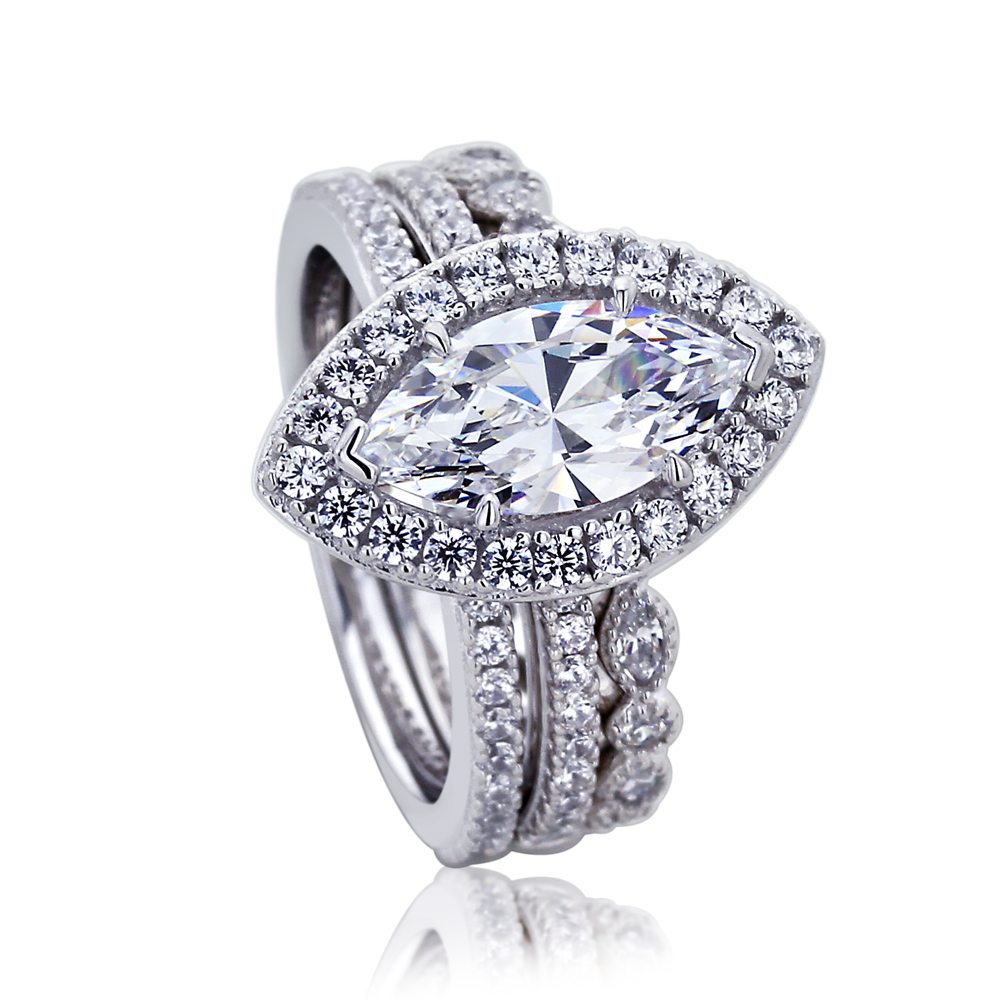 Women 16mm Platinum Plate Silver 1.5ct Marquise CZ Engagement Bridal Ring Set