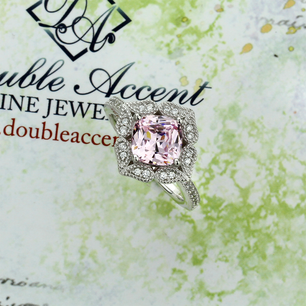 15.5mm Platinum Plated Silver 2ct Cushion Pink CZ Wedding Engagement Ring