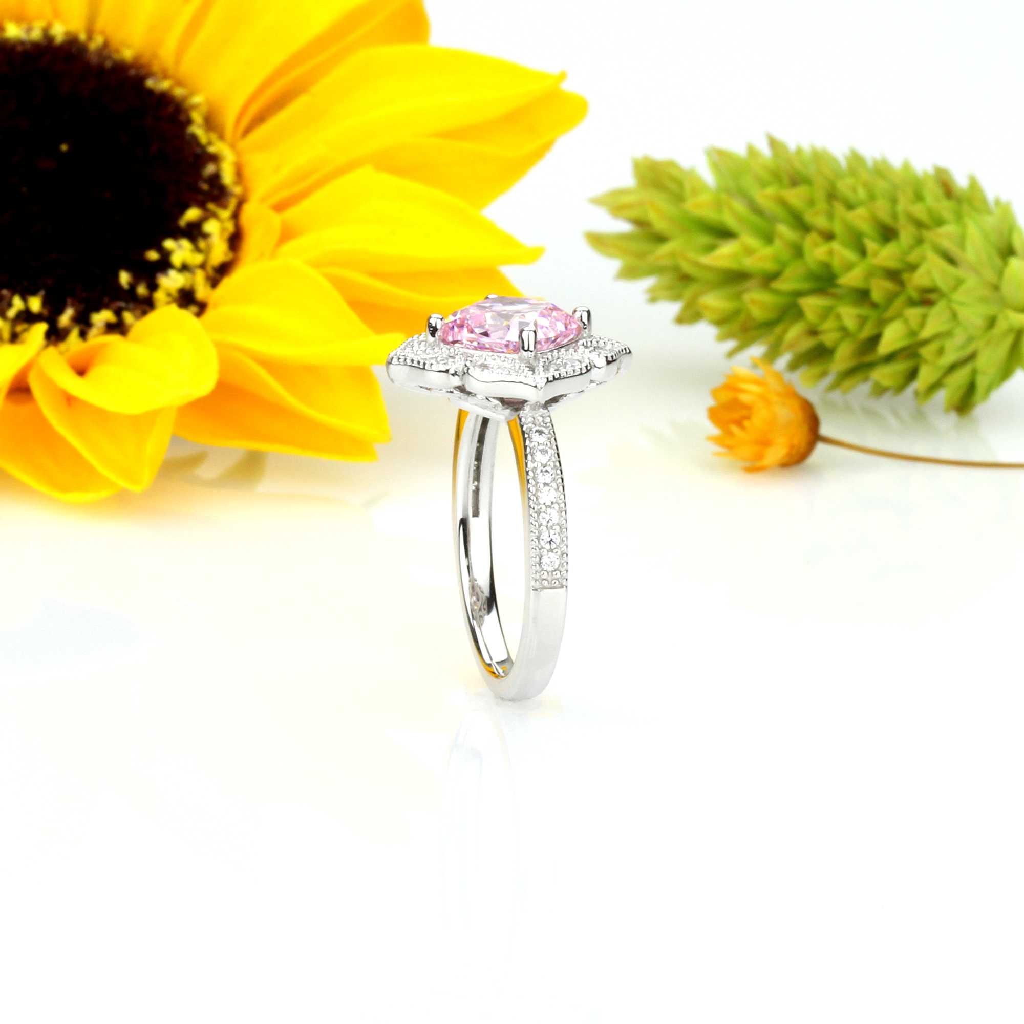 15.5mm Platinum Plated Silver 2ct Cushion Pink CZ Wedding Engagement Ring