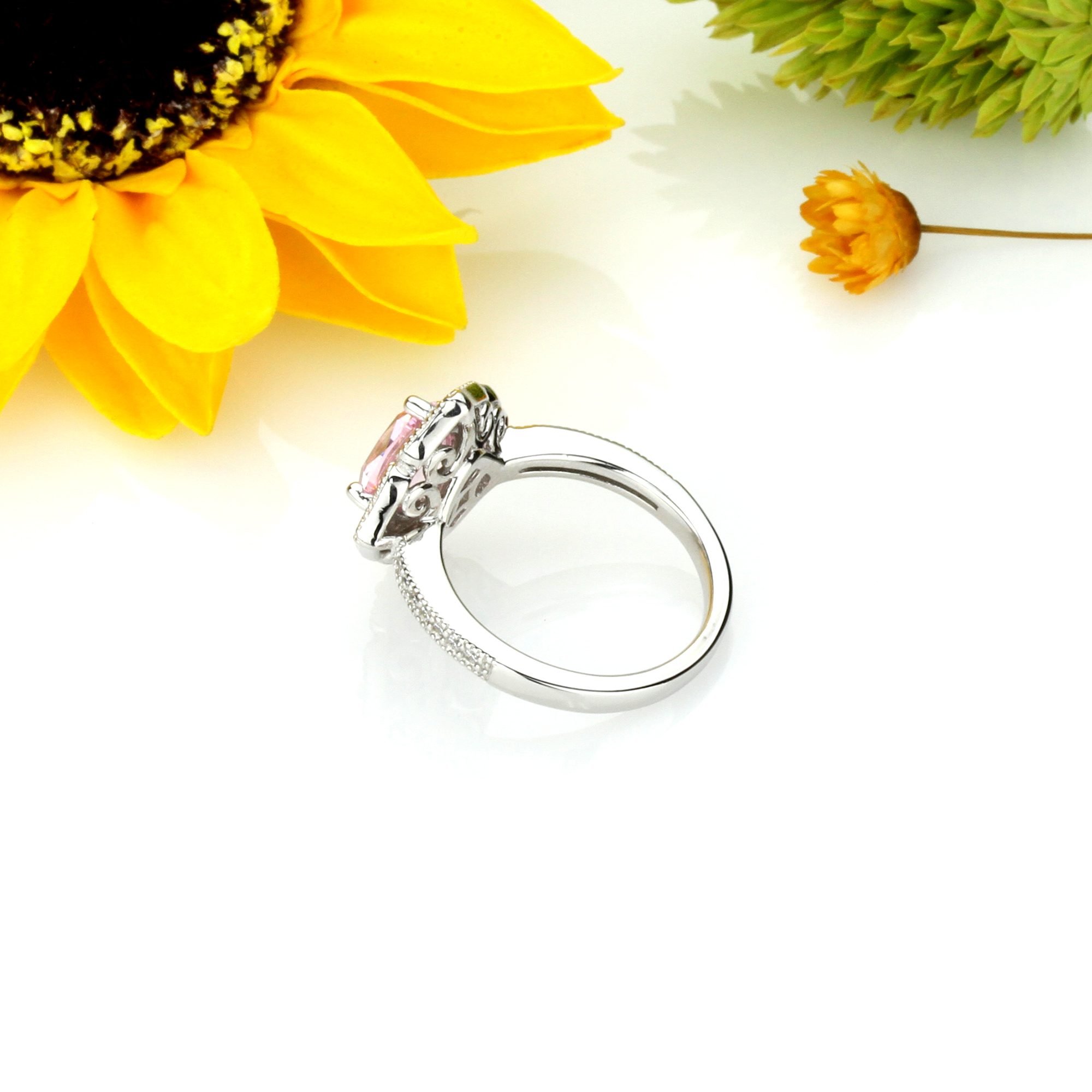 15.5mm Platinum Plated Silver 2ct Cushion Pink CZ Wedding Engagement Ring