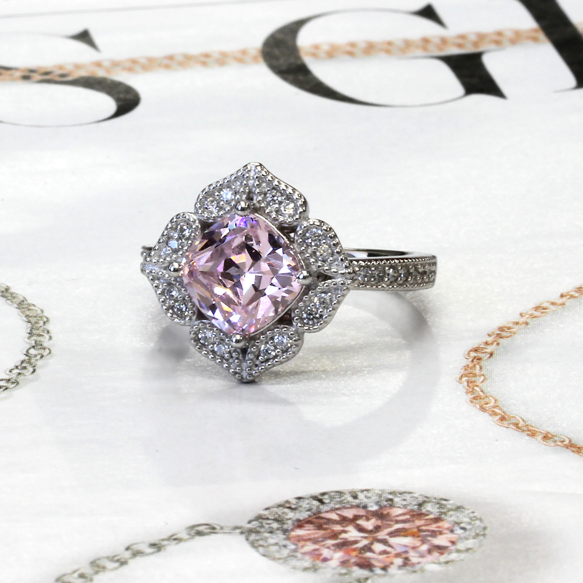 15.5mm Platinum Plated Silver 2ct Cushion Pink CZ Wedding Engagement Ring