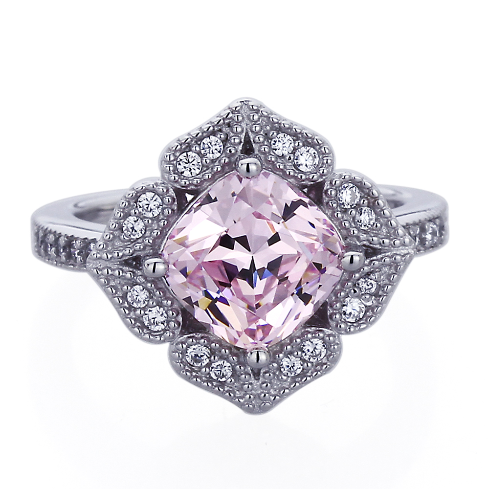 15.5mm Platinum Plated Silver 2ct Cushion Pink CZ Wedding Engagement Ring