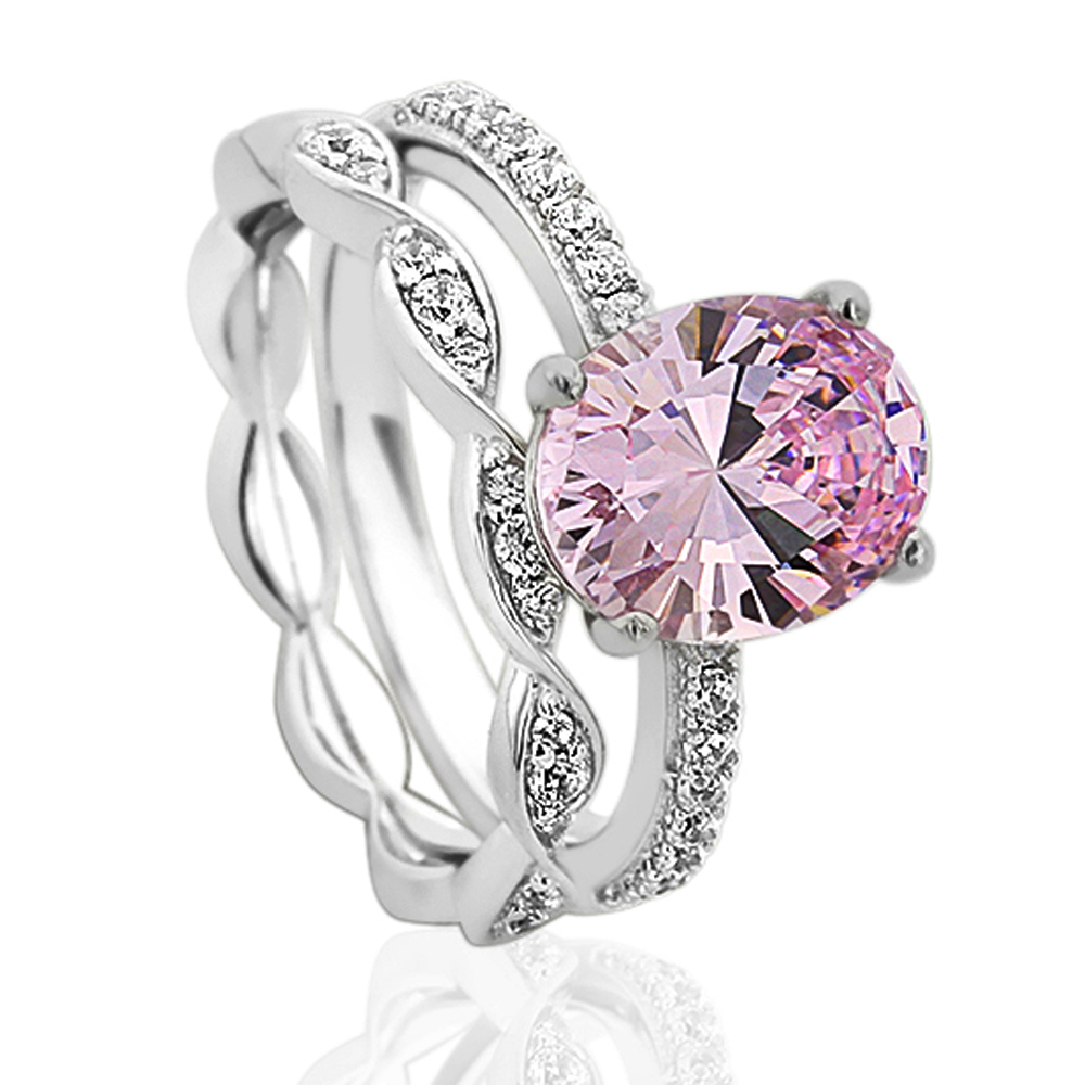 Women 10mm Platinum Plated Silver 2.5ct Pink Oval CZ Engagement Ring set